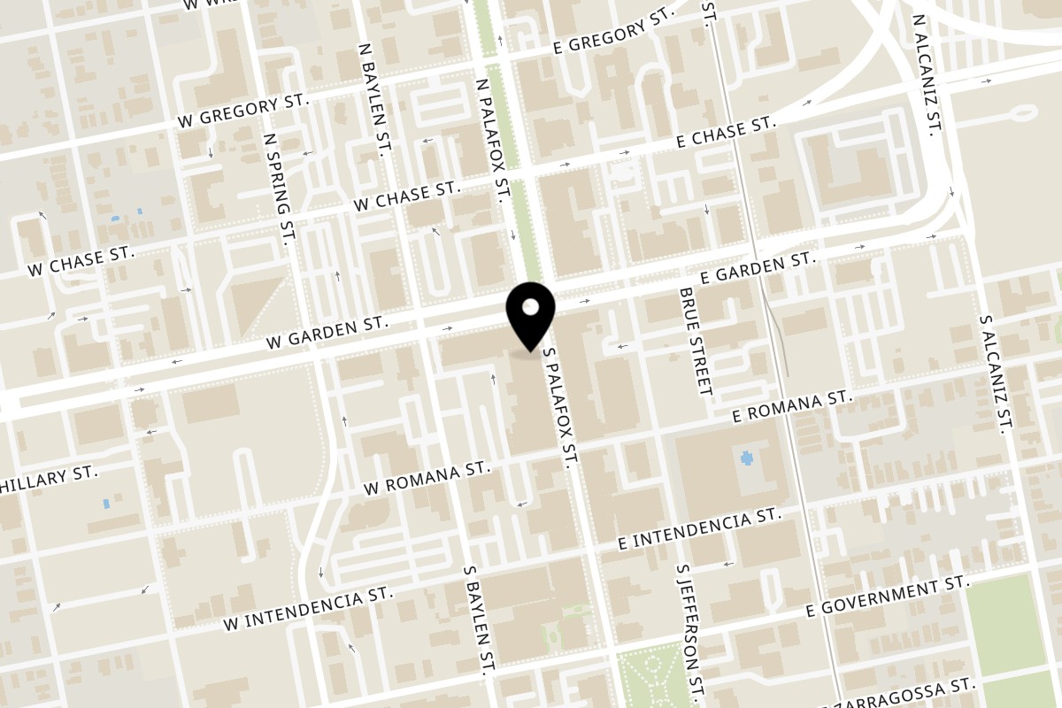 Map showing the location of 86 Forks Bar + Table on 11b Palafox Pl in Pensacola